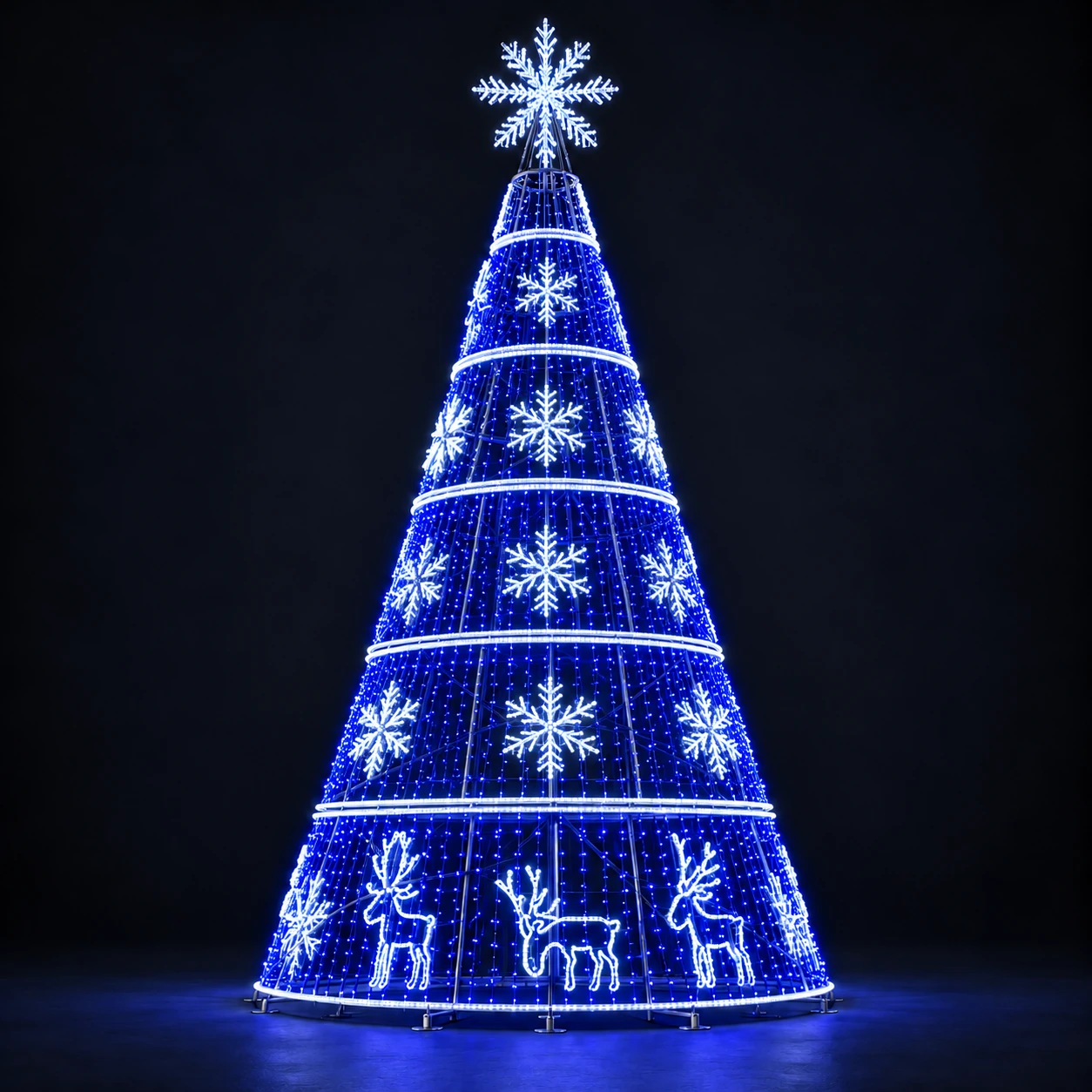 AI-assisted design reference: Blue Christmas Light Tree with Snowflakes.