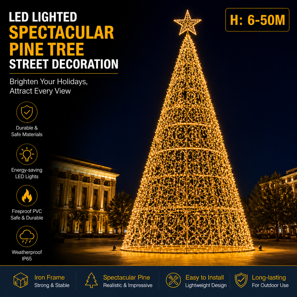 50m Giant Golden LED Tower | Commercial City Decorations