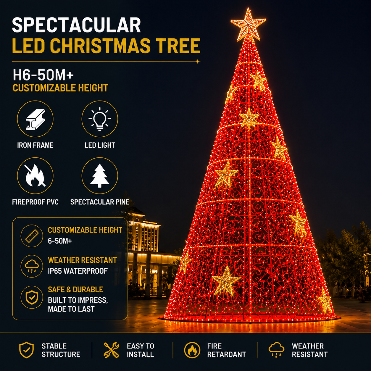 50m Giant Red LED Motif Tree | Commercial Holiday Events