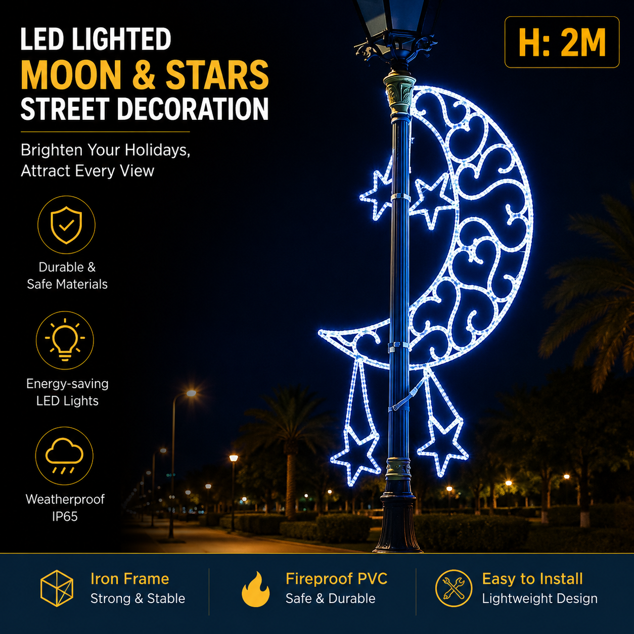 2m Giant LED Moon Star Motif | Commercial Pole Light Decor