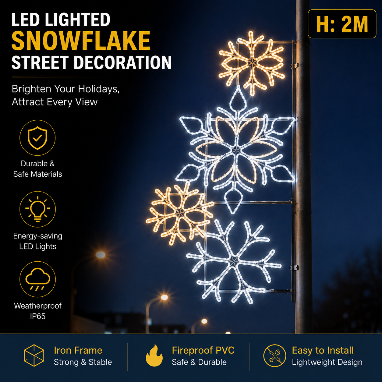 2m Giant LED Snowflake Motif | Commercial Pole Light Decor