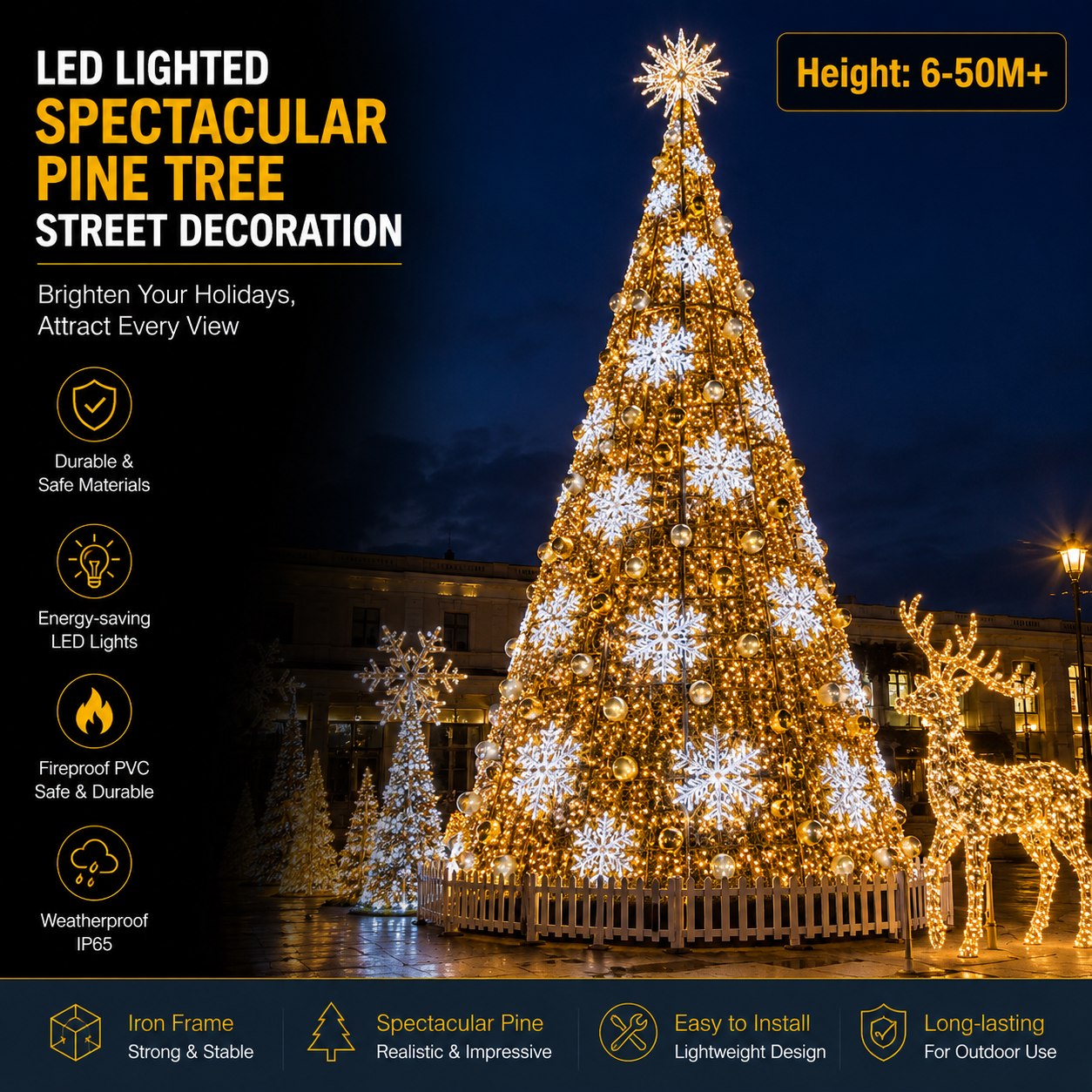 50m Giant Golden Snowflake LED Tree | Commercial City Decorations