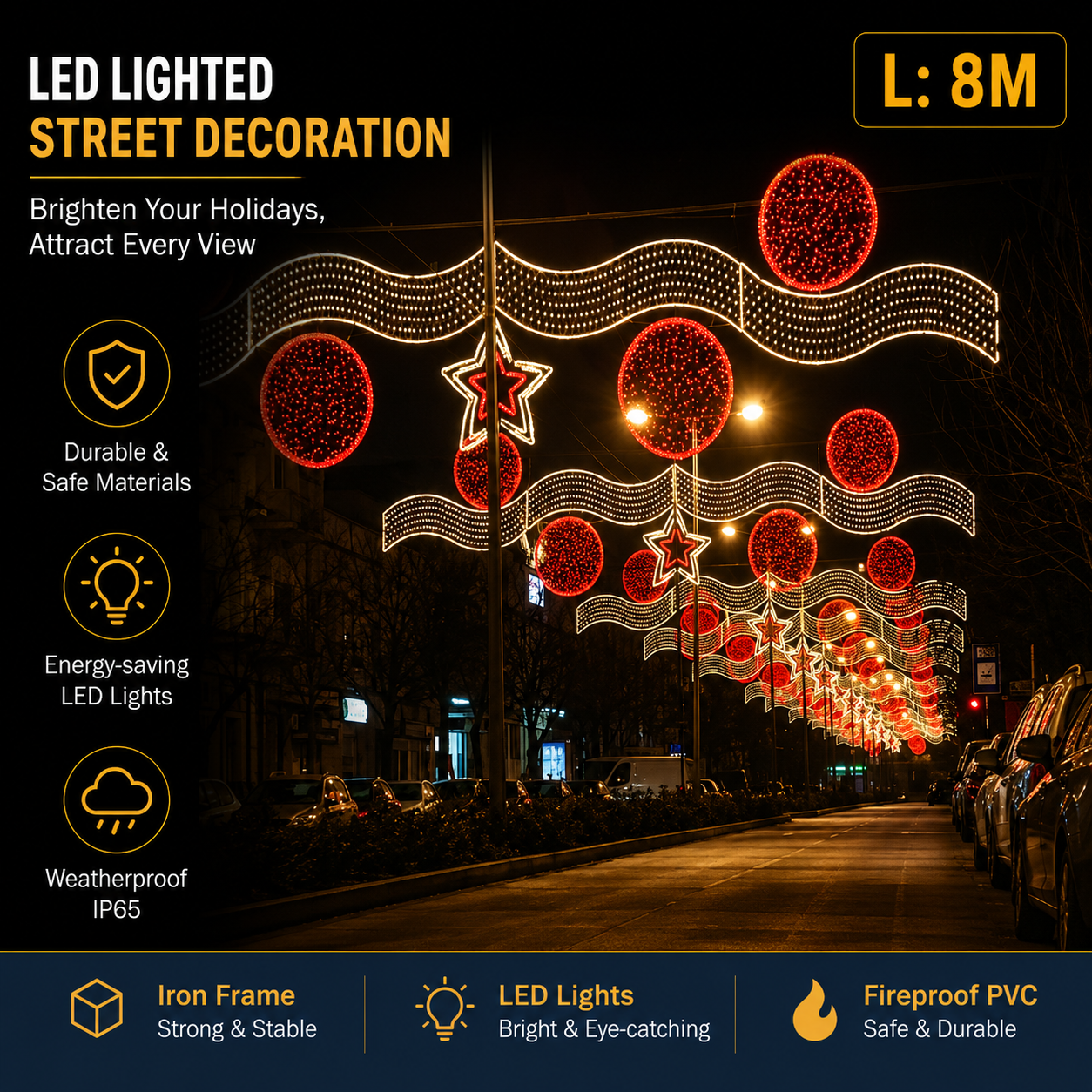 8m Giant LED Bauble Street Motif | Commercial Canopy Light