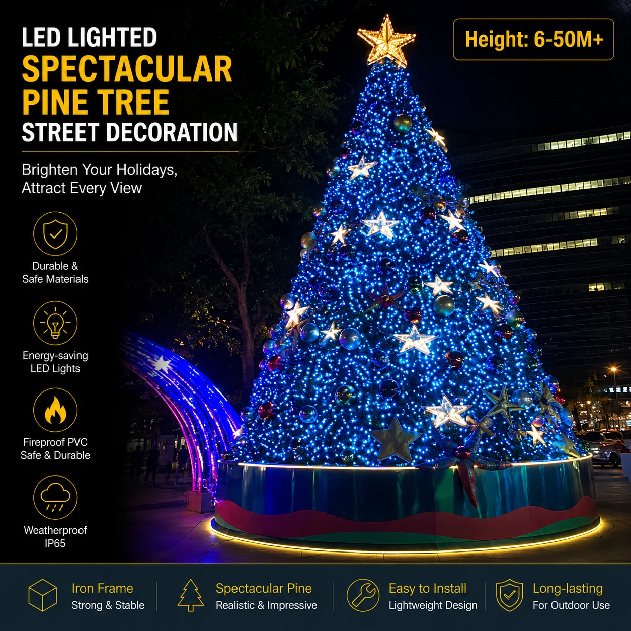 Blue Christmas Light Tree with Star Motifs.